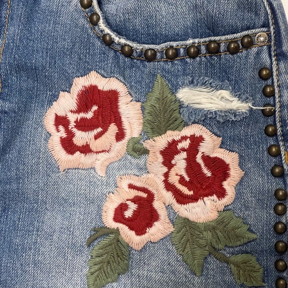 Free People Distressed Denim Mini Skirt with Floral Embroidery - Picture 6 of 7